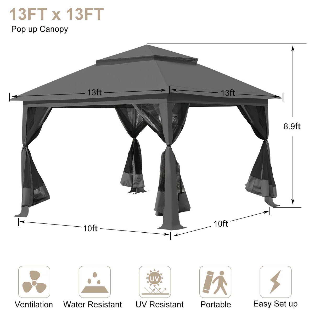 13 x13 ft Pop up Gazebo Canopy Shelter with Mosquito Netting, Brown Z97775