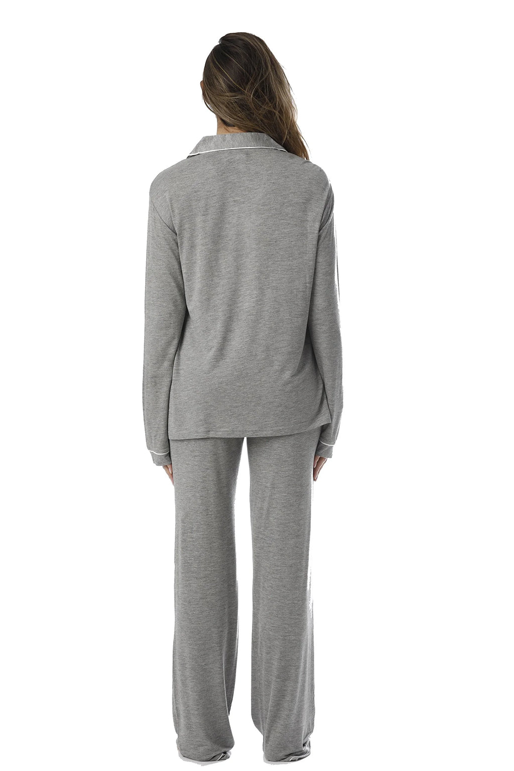 Grey Cream Rayon Spandex Button Down Pajama Pant Set with Notch Collar F736