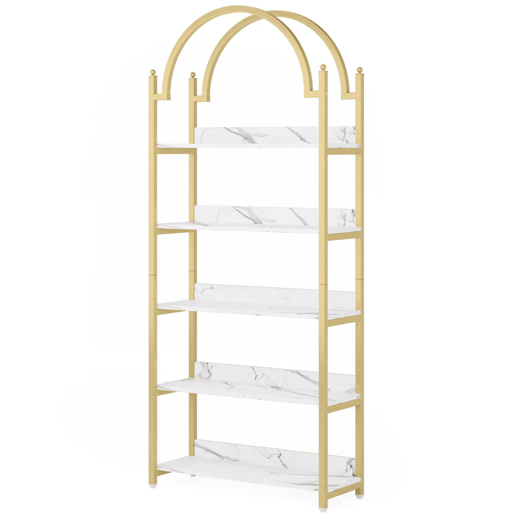 72.4 inch Tall Gold Metal 5 Shelf Arched Bookcase H5385