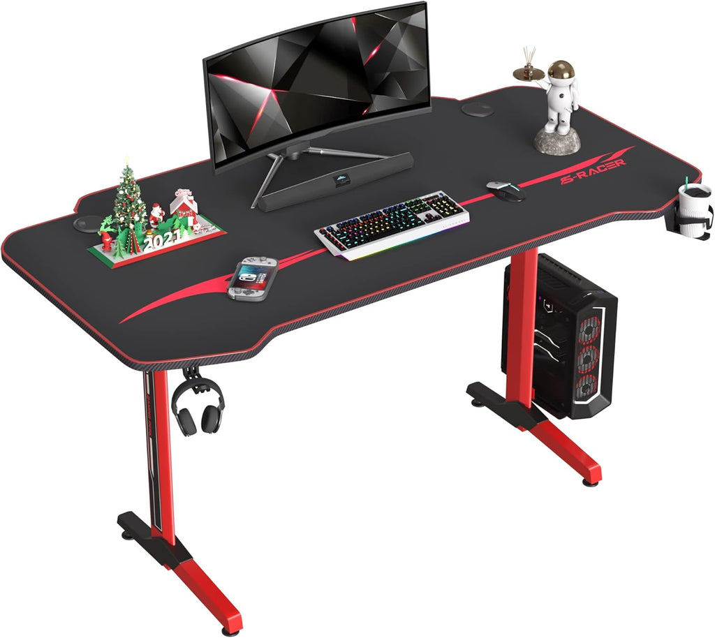Red Gaming Desk with Carbon Fiber Surface Cup Holder & Headphone Hook K9630