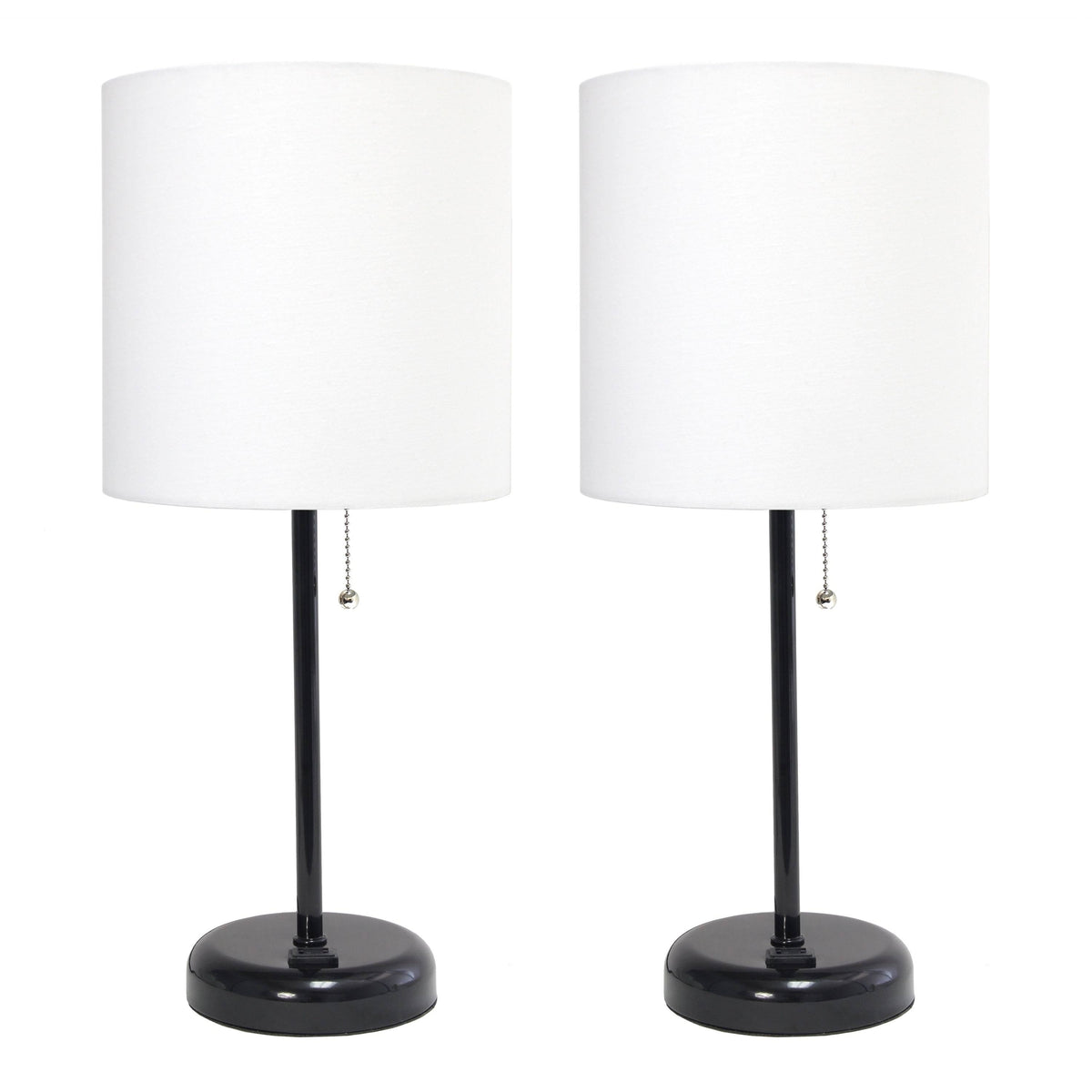 Black Stick Lamp with Charging Outlet and Fabric Shade 2 Pack Set A9412