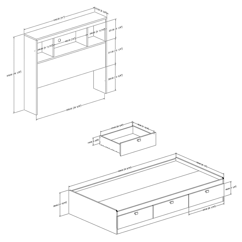 Twin 3-Drawer Storage Bed with Bookcase Headboard W753