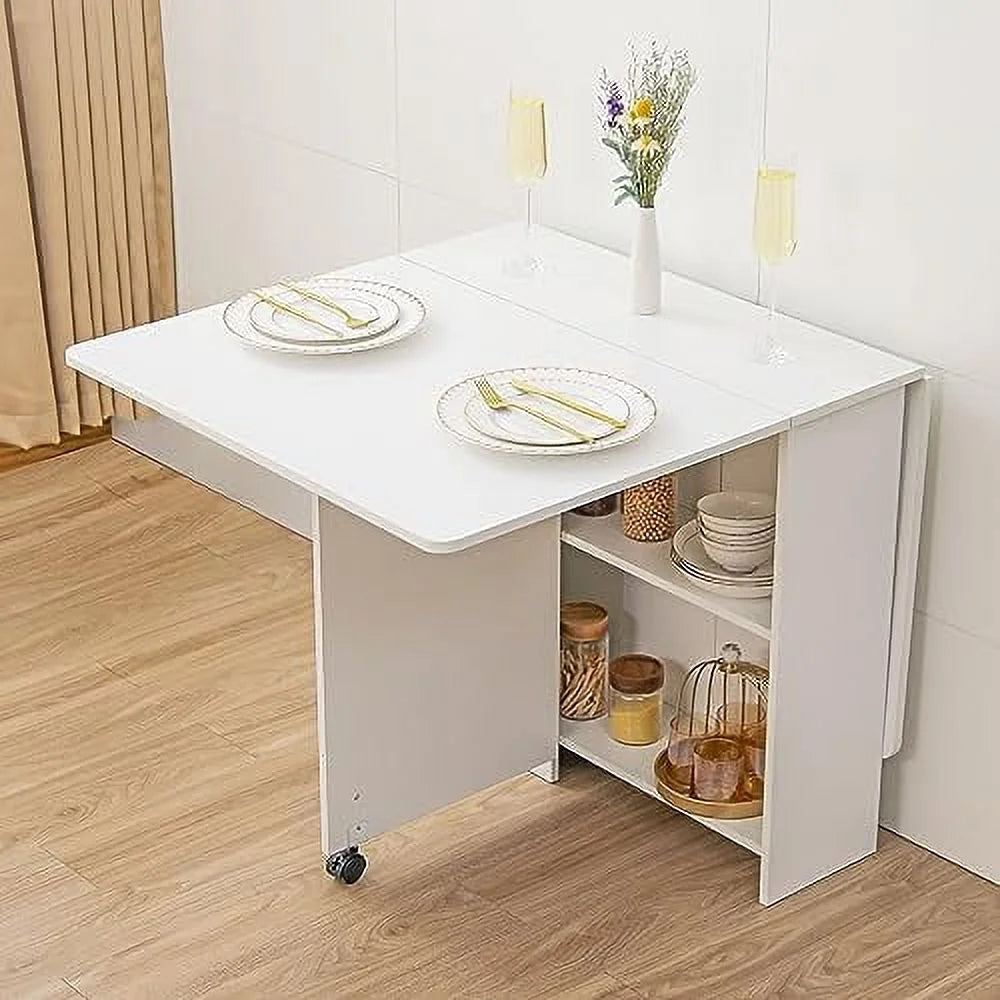 Folding Drop Leaf Dining Table with Racks White Marble O4573