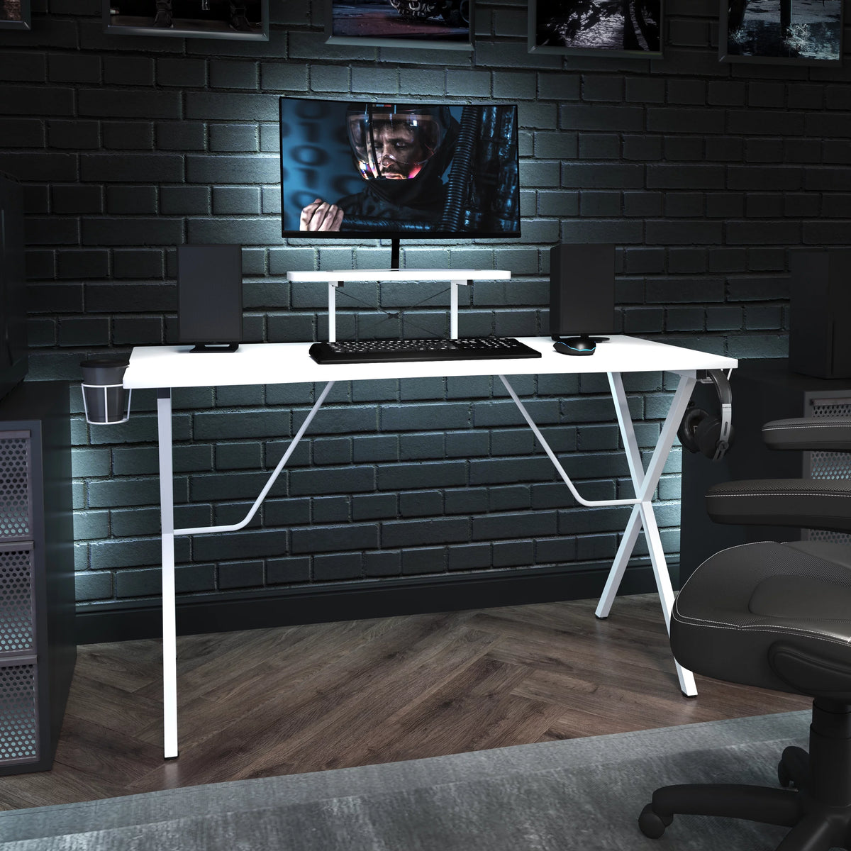 White Gaming Desk with Cup Holder C510086