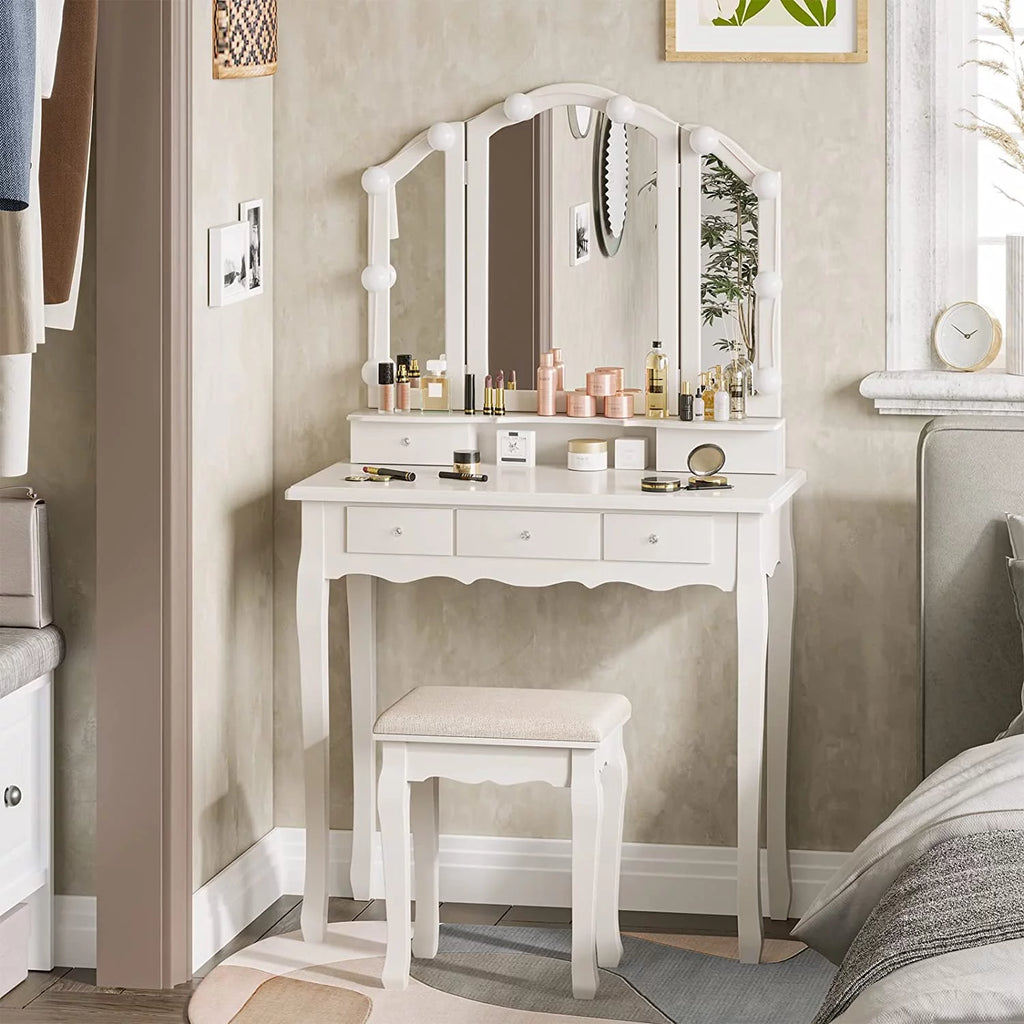 White Vanity Table Set with Lighted Tri-Fold Mirror and Stool D673954