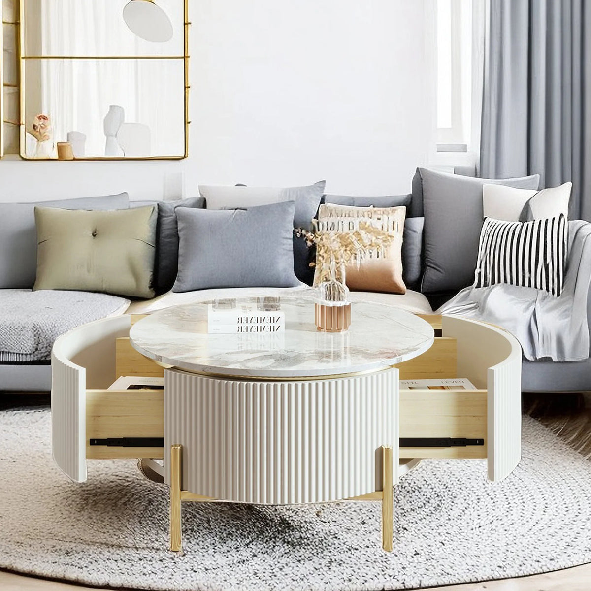 Modern Round Coffee Table with 2 Drawer, Sintered Stone Top, White V41697