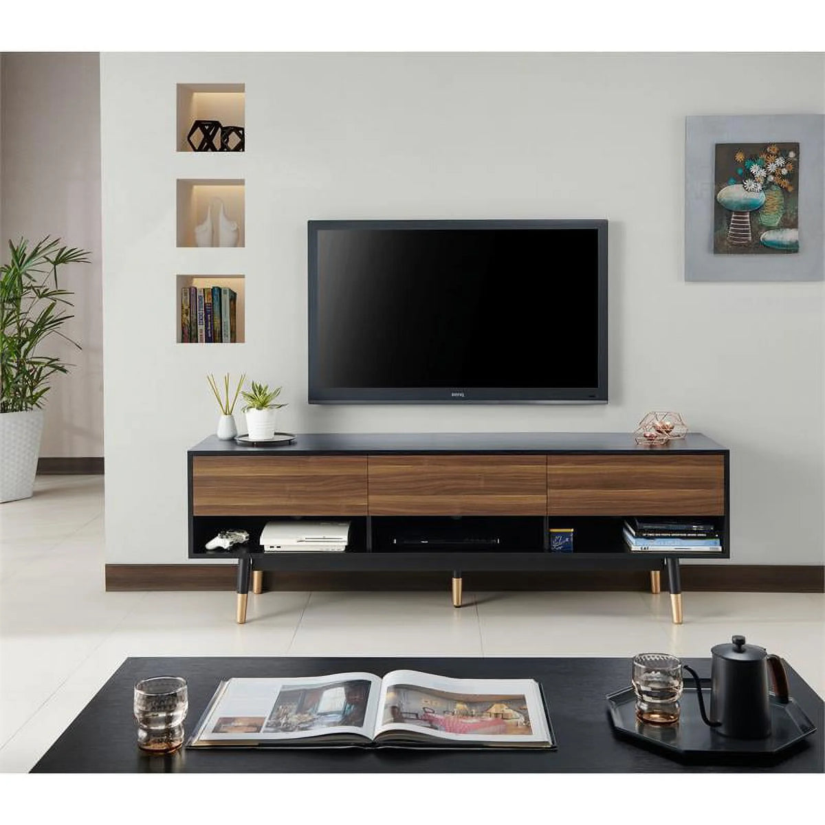 Mid-Century Modern Wood 3-Drawer TV Stand in Black A1011
