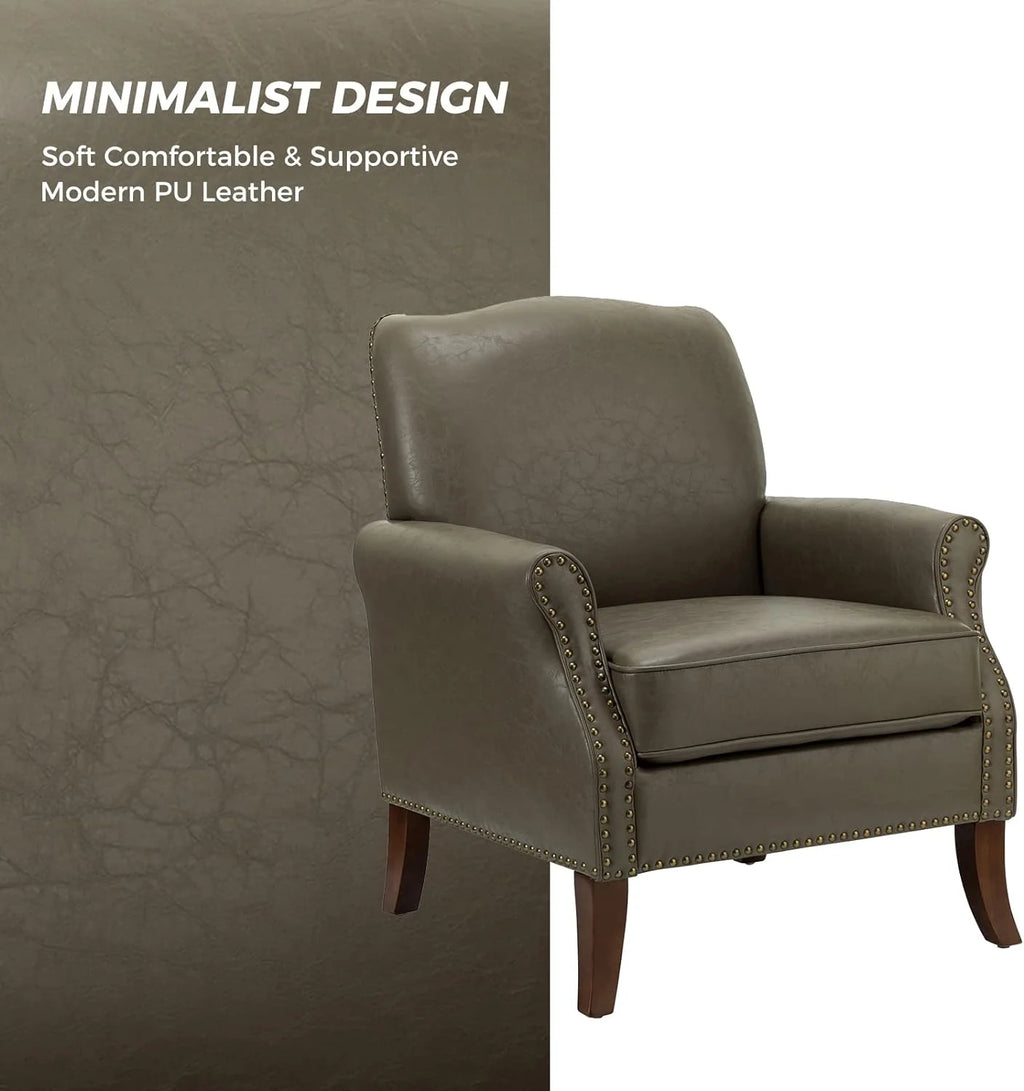 Grey Faux Leather Upholstered Accent Armchair with Solid Wood Legs I177