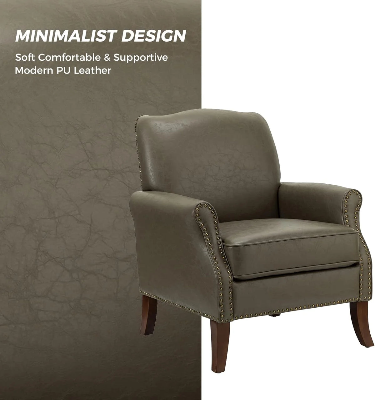 Grey Faux Leather Upholstered Accent Armchair with Solid Wood Legs I177