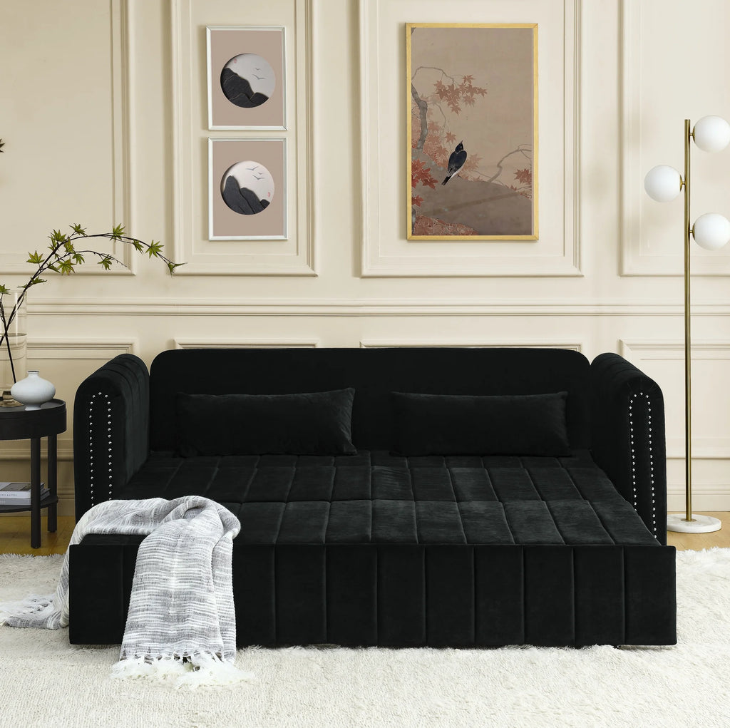 Black 3-in-1 Convertible Sleeper Sofa Bed with Two Drawers and Two Pillows L4878