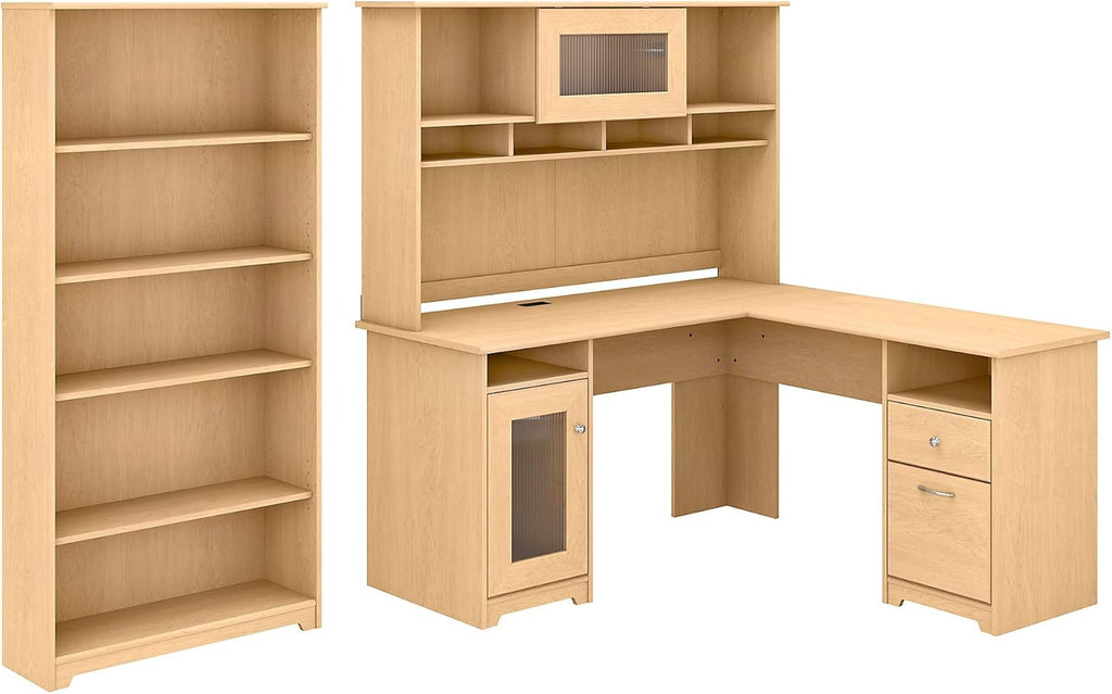 Espresso Oak L Shaped Desk with Hutch and 5 Shelf Bookcase U837