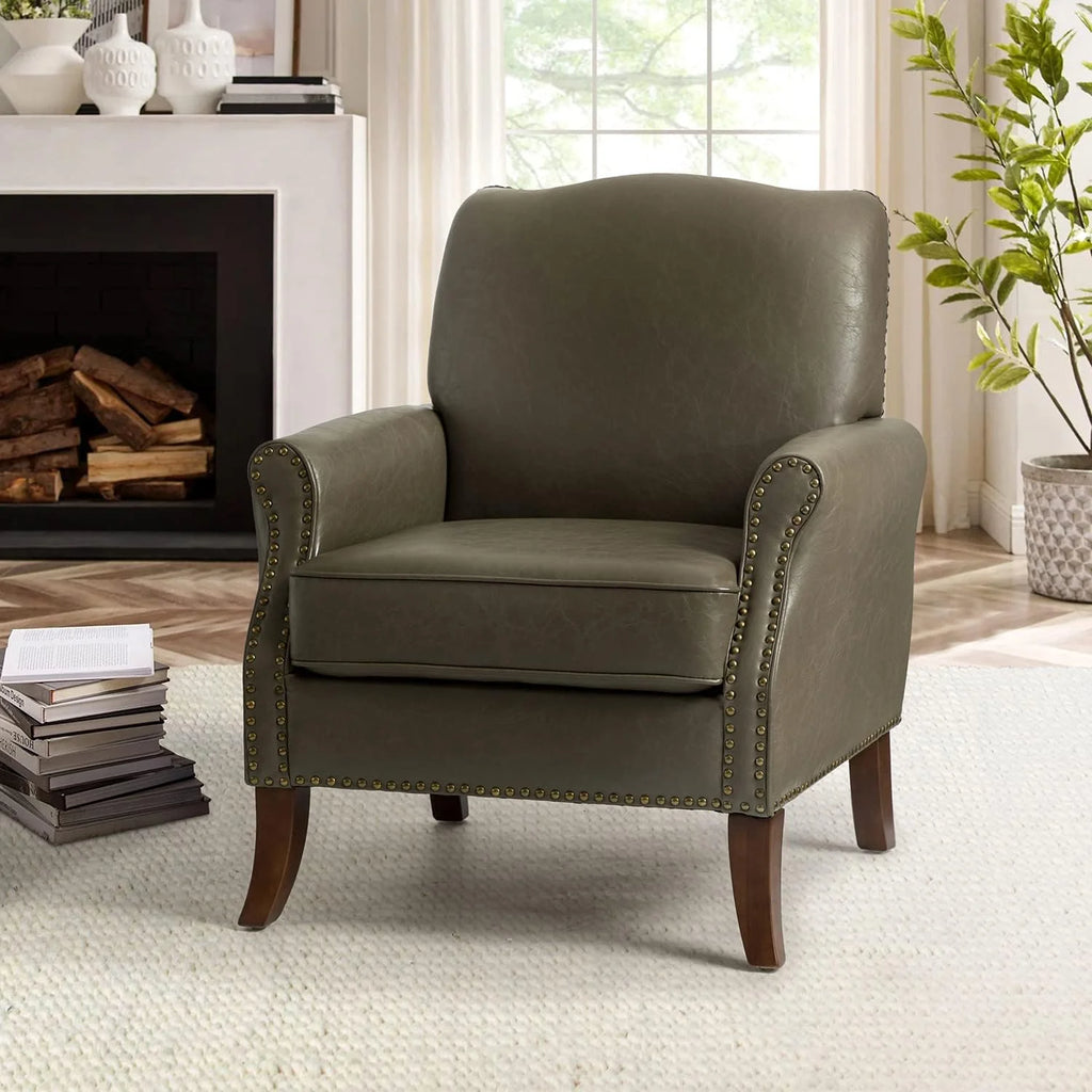Grey Faux Leather Upholstered Accent Armchair with Solid Wood Legs I177