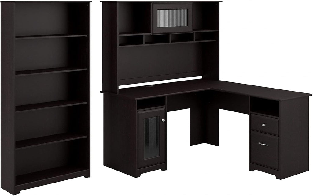 Espresso Oak L Shaped Desk with Hutch and 5 Shelf Bookcase U837
