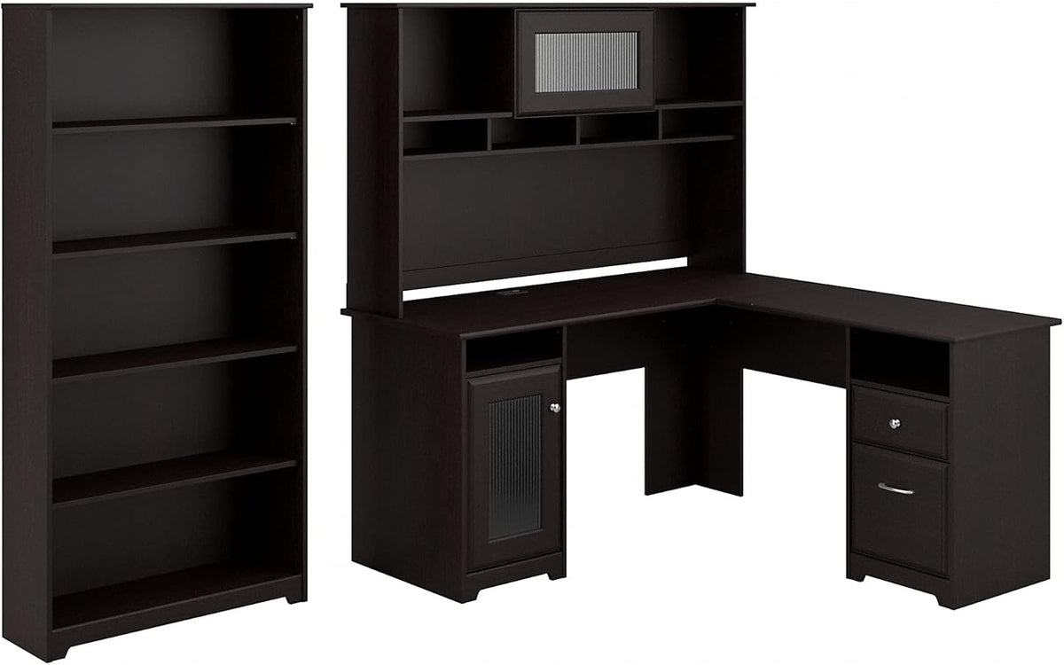 Espresso Oak L Shaped Desk with Hutch and 5 Shelf Bookcase U837