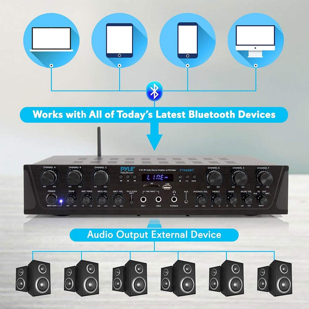 Wireless Bluetooth Stereo Receiver Amp, 6 Channel 600Watt T35725