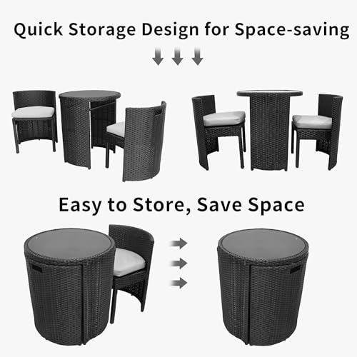 3 Pieces Aluminum Wicker Patio Bistro Set with Tempered Glass Table Black Z72165