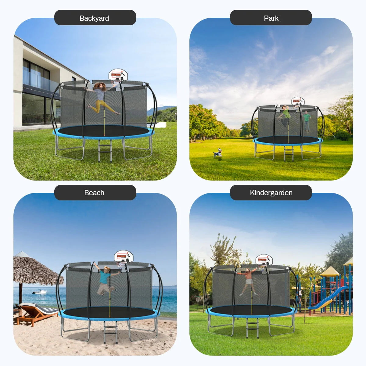 12' Round Backyard Trampoline with Safety Enclosure and Basketball Hoop L130