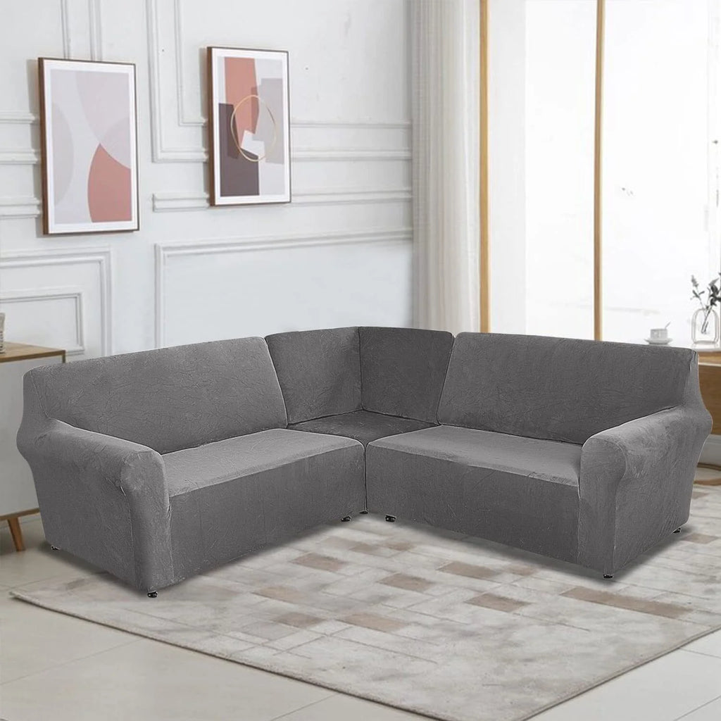 3-Piece L Shape Velvet Sectional Couch Cover, Grey R700