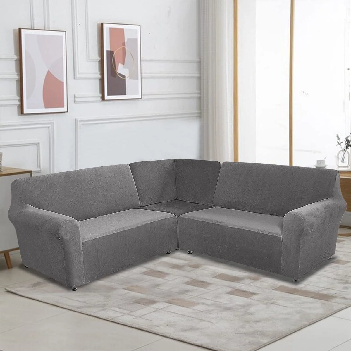 3-Piece L Shape Velvet Sectional Couch Cover, Grey R700