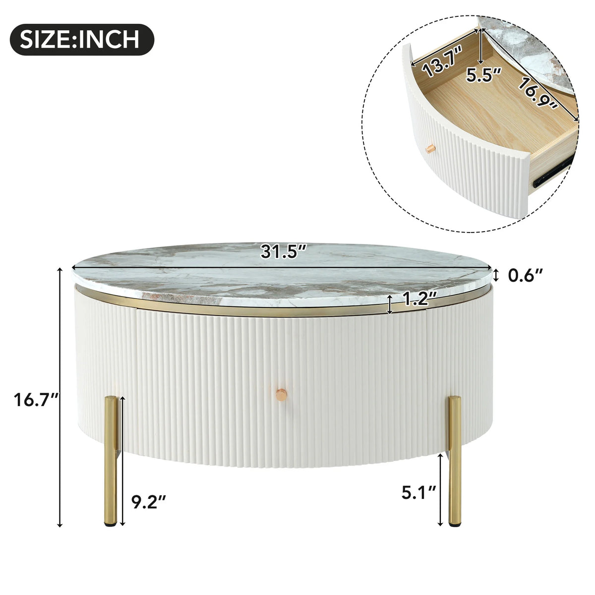Modern Round Coffee Table with 2 Drawer, Sintered Stone Top, White V41697