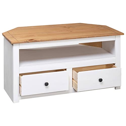 Pine Wood Corner TV Cabinet with 2 Storage Drawers and 1 Open Compartment, 36.6 x 19.3 x 19.3 Inches R4811