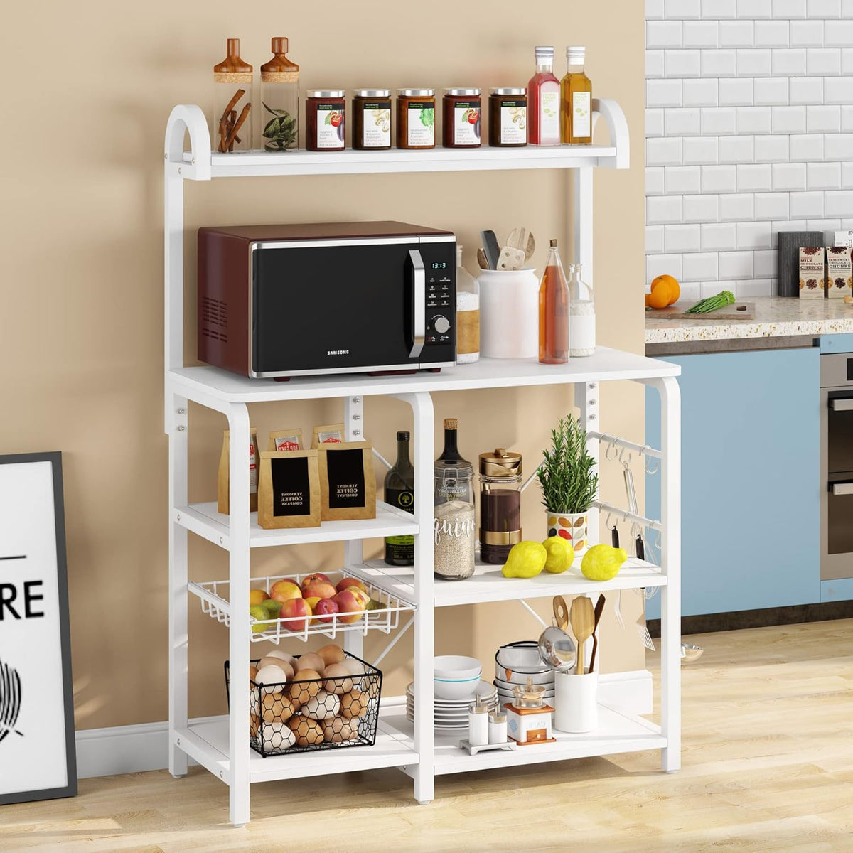 35.5 inches Industrial Kitchen Cart with Wire Basket and 6 Hooks N5157