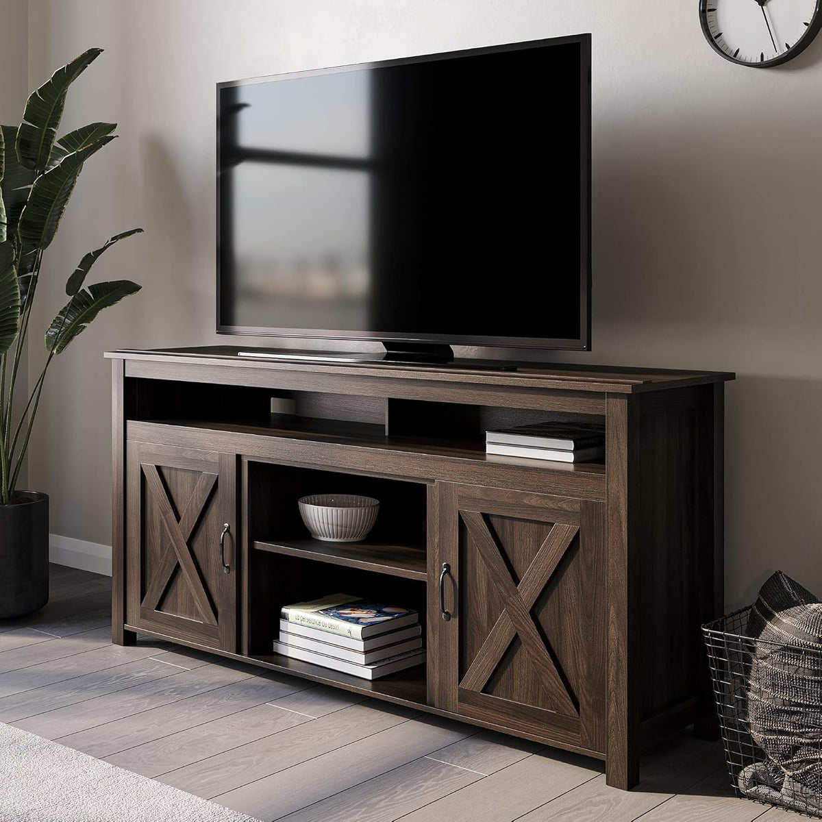 Modern Barn Door Wood Electric Fireplace TV Stand with Two Open Shelves and Cabinets Q31997