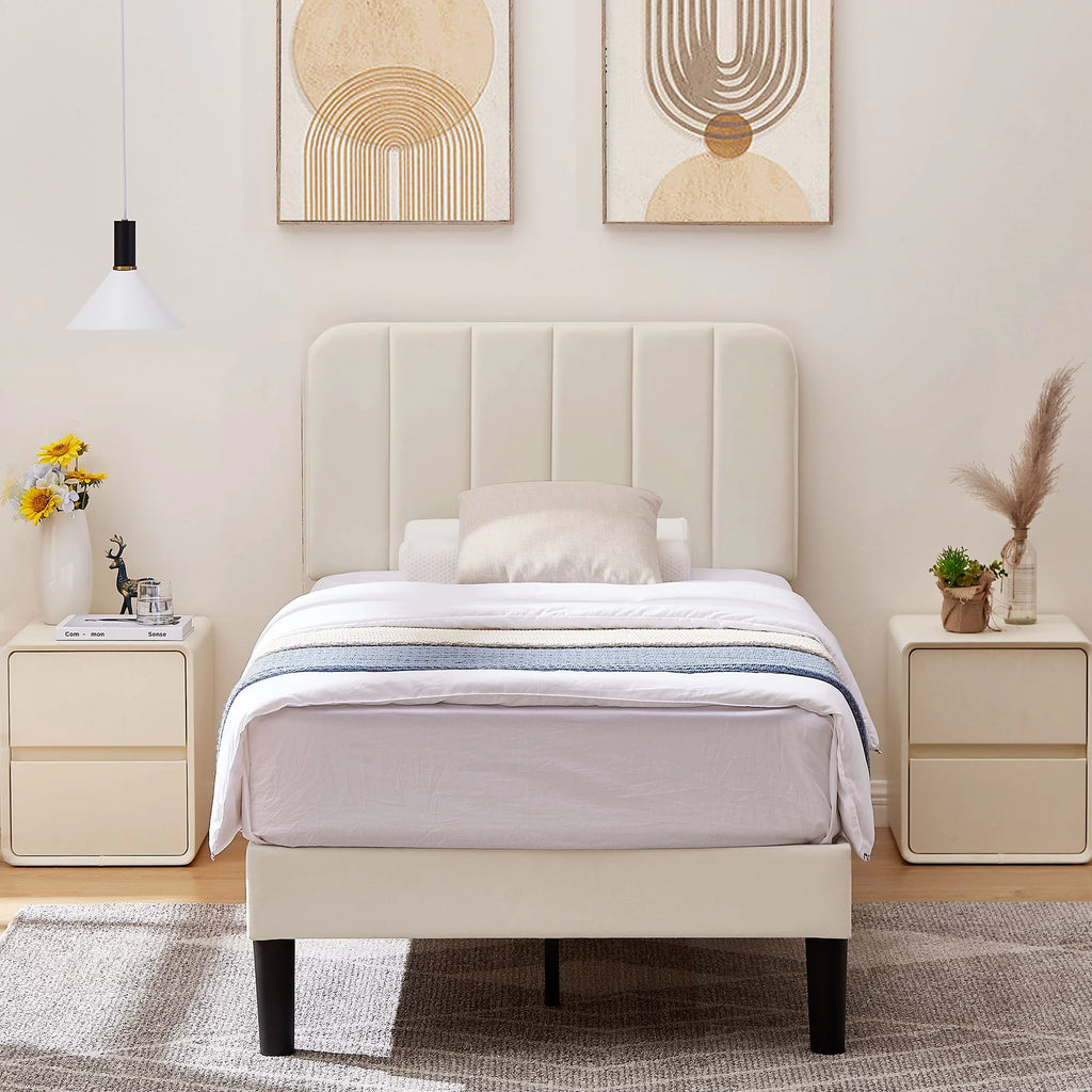 Twin Size Upholstered Platform Bed Frame with Adjustable Headboard C57599