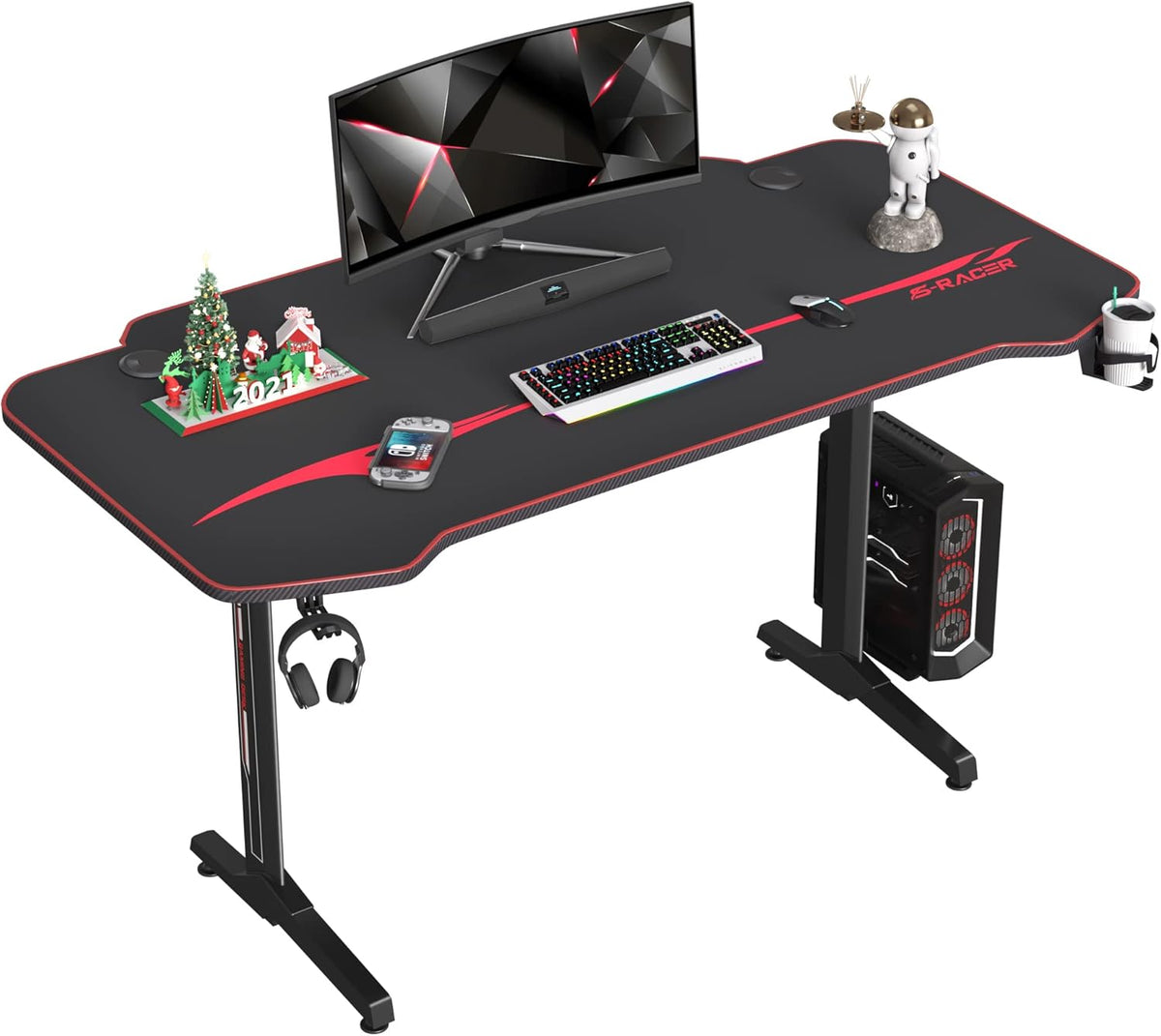 Red Gaming Desk with Carbon Fiber Surface Cup Holder & Headphone Hook K9630
