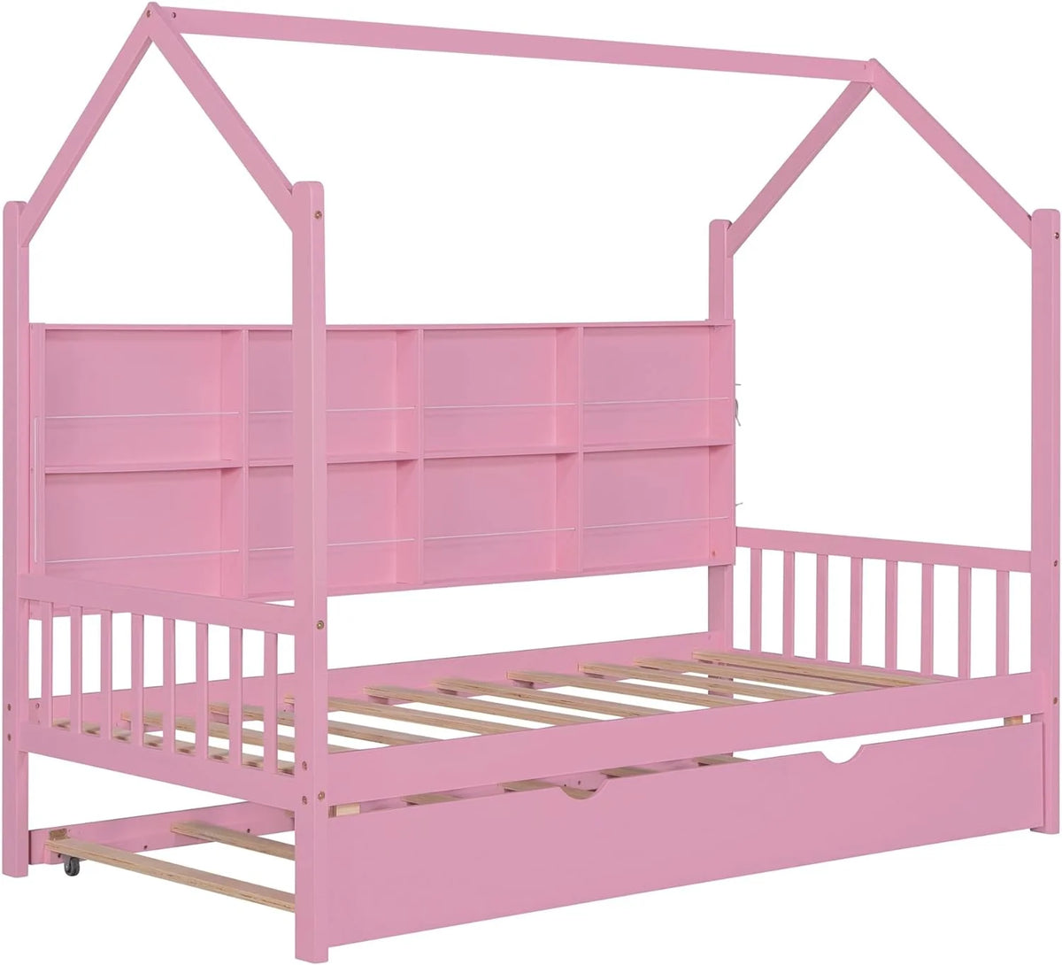 Wooden Twin Size House Bed with Trundle and Storage Shelf W8405