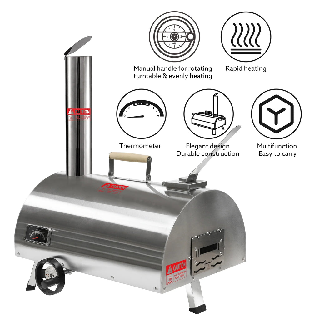 Silver Pizza Oven Portable Stainless Steel Wood Fired Pizza Maker with Built-in Thermometer Carry Bag F373