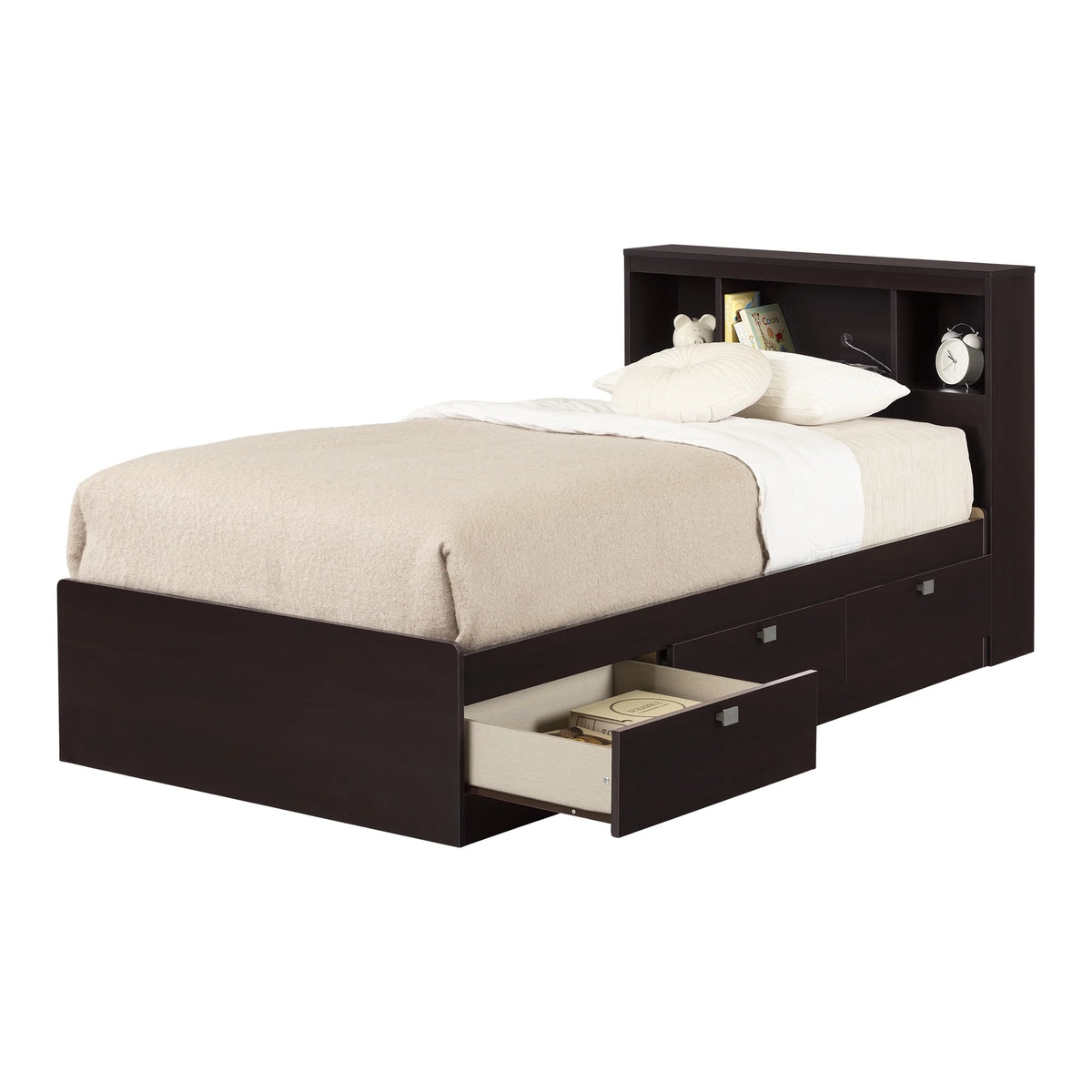 Twin 3-Drawer Storage Bed with Bookcase Headboard W753
