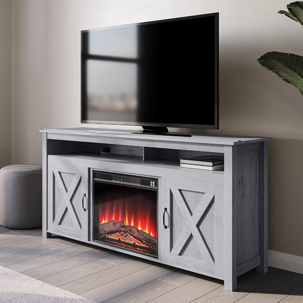Modern Barn Door Wood Electric Fireplace TV Stand with Two Open Shelves and Cabinets Q31997