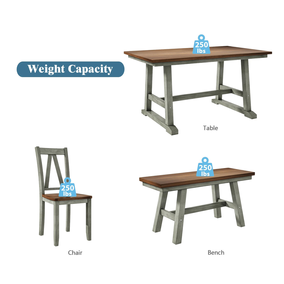 6-Piece Wood Dining Table Set with Bench and 4 Chairs B27829