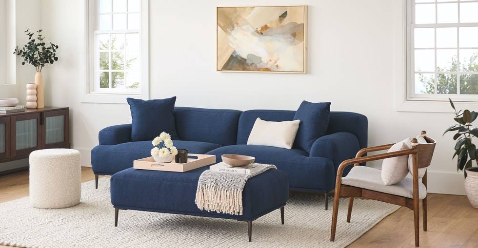 Blue Fabric Ottoman with Black Metal Legs J614714