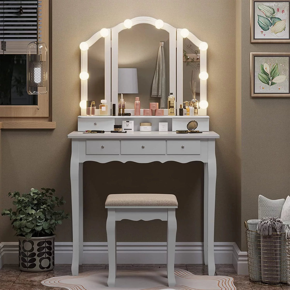 White Vanity Table Set with Lighted Tri-Fold Mirror and Stool D673954