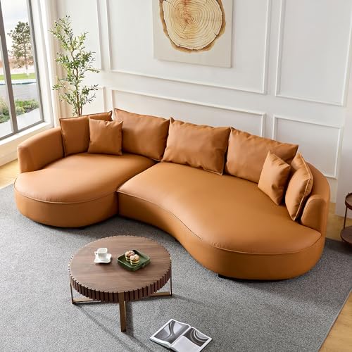 Grey Leather Curved Sectional Sofa with Pillows P777
