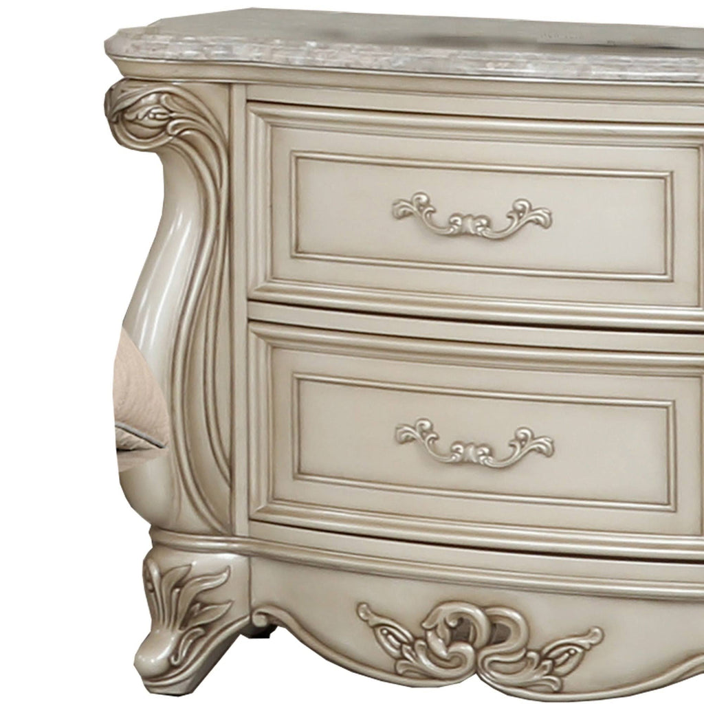 White 2 Drawer Wooden Nightstand with Marble Top I940529