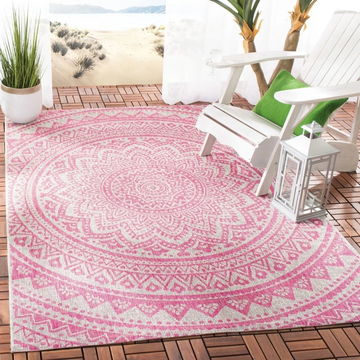 Light Grey Fuchsia Medallion Indoor/Outdoor Area Rug R32258