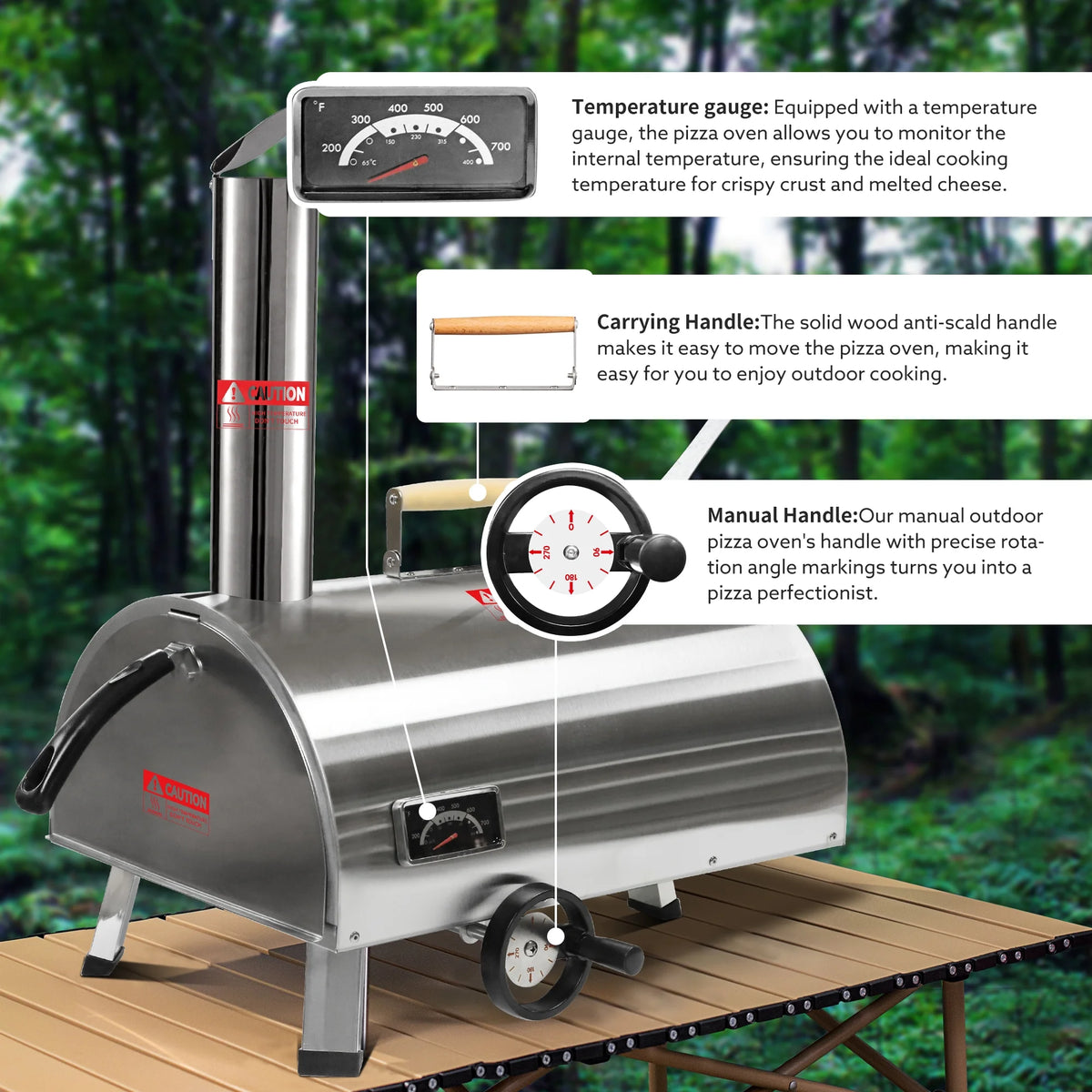 Silver Pizza Oven Portable Stainless Steel Wood Fired Pizza Maker with Built-in Thermometer Carry Bag F373