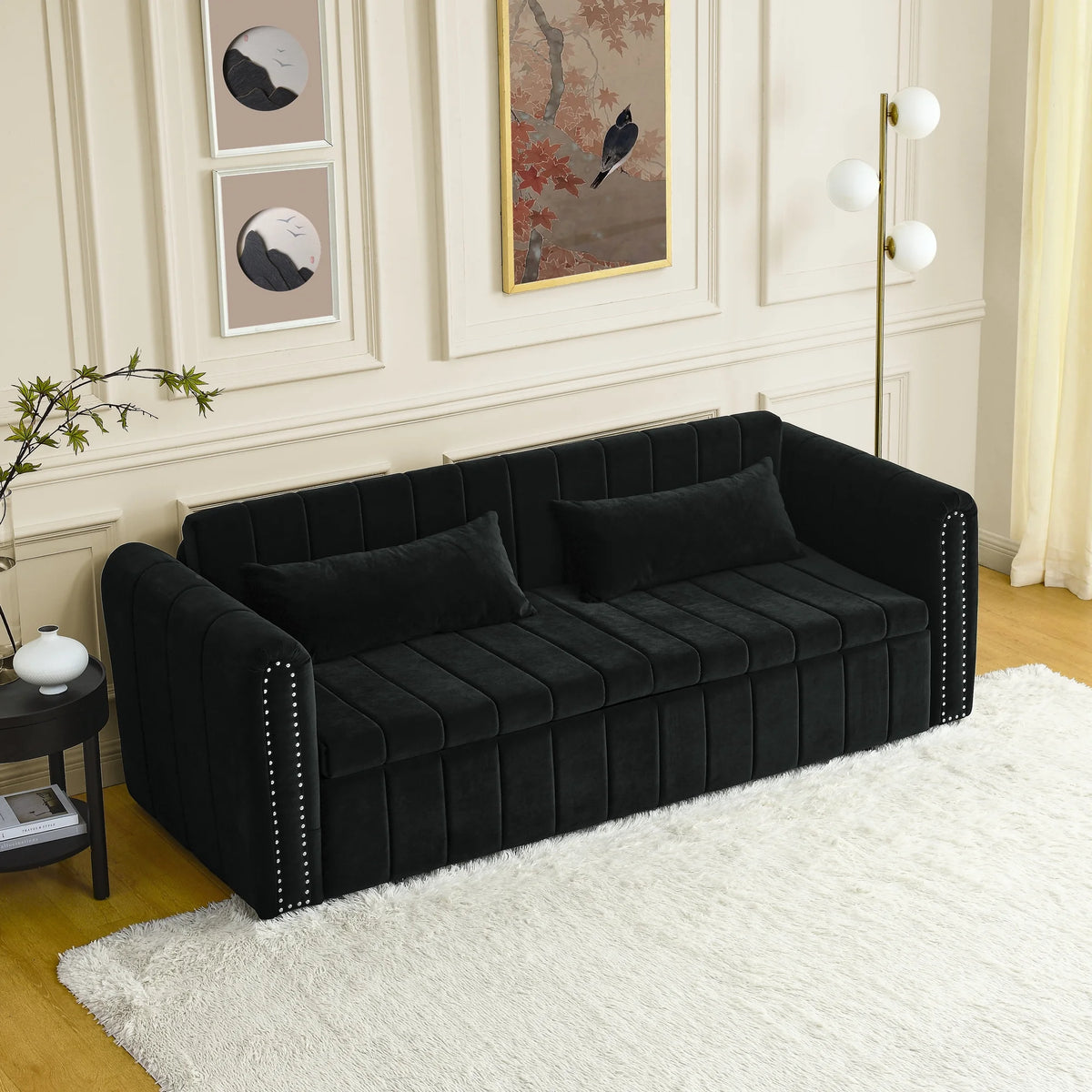Black 3-in-1 Convertible Sleeper Sofa Bed with Two Drawers and Two Pillows L4878