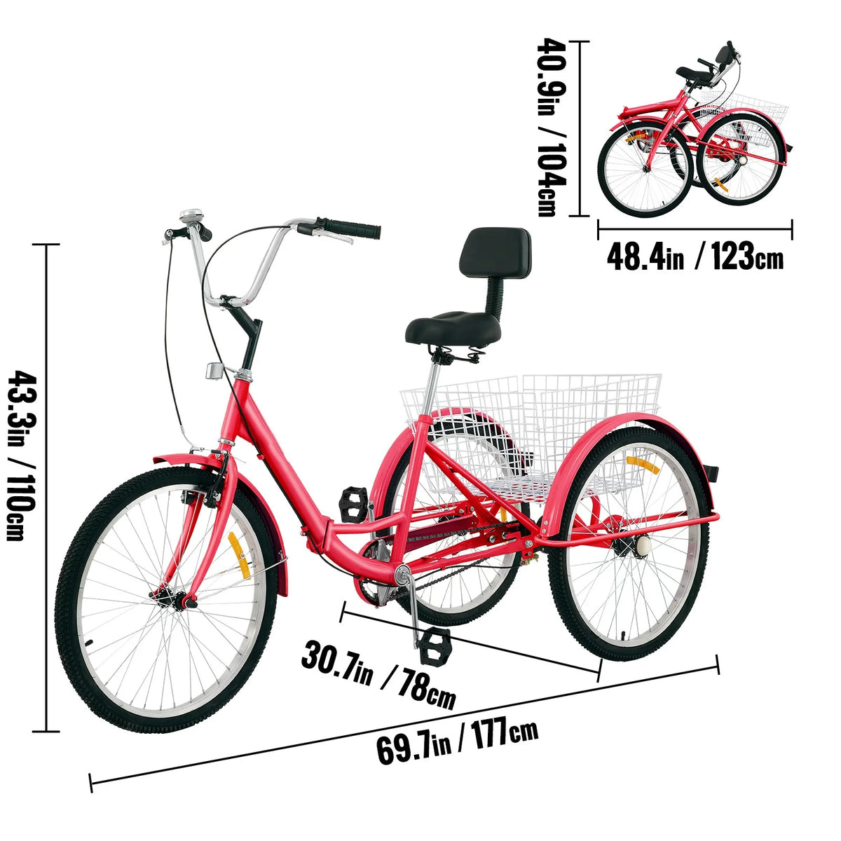 Foldable Adult Tricycle 24'' Wheels 1-Speed 3 Wheel Bikes G8259