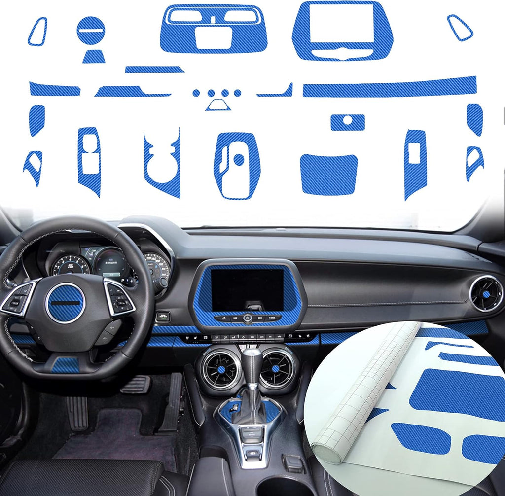 Carbon Fiber Texture Vinyl Wrap Center Console Dashboard Cover for Chevrolet Camaro 28PCS Blue Z267807