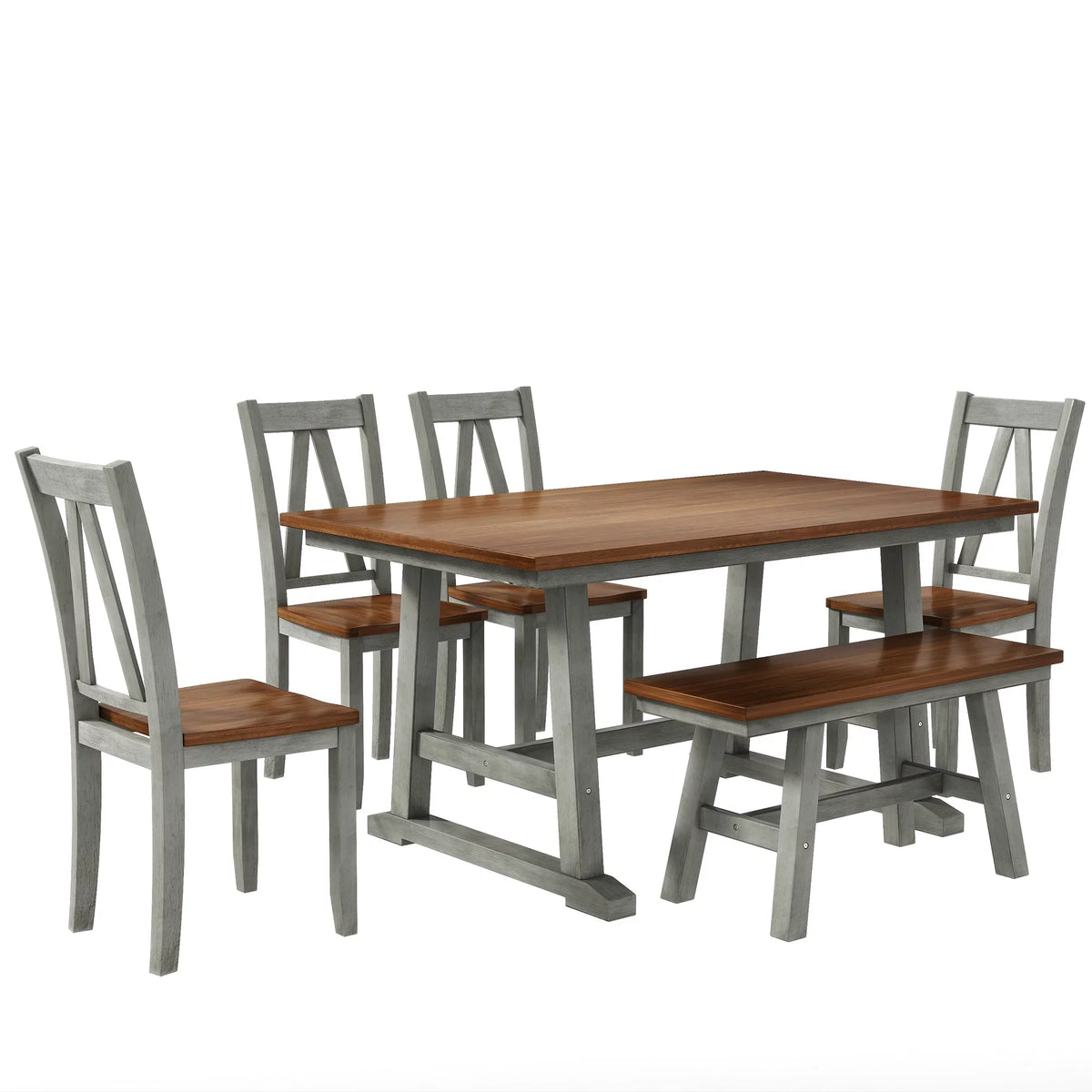 6-Piece Wood Dining Table Set with Bench and 4 Chairs B27829