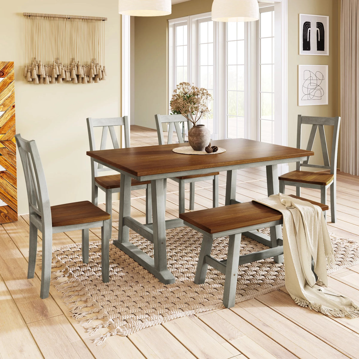 6-Piece Wood Dining Table Set with Bench and 4 Chairs B27829