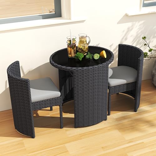 3 Pieces Aluminum Wicker Patio Bistro Set with Tempered Glass Table Black Z72165