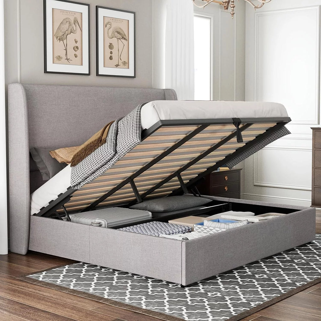 King Size Light Gray Linen Upholstered Platform Bed Frame I856224