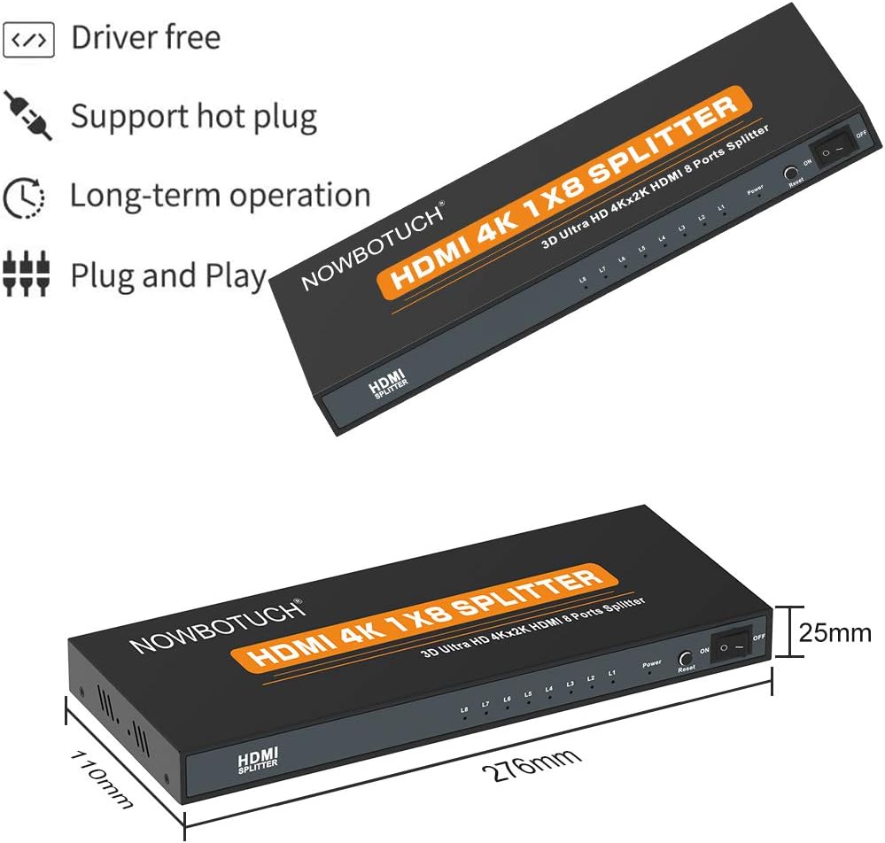 1x8 HDMI Splitter 8 Port 1 in 8 Out Powered Ver 1.4 Full HD 1080P 3D Support W8593
