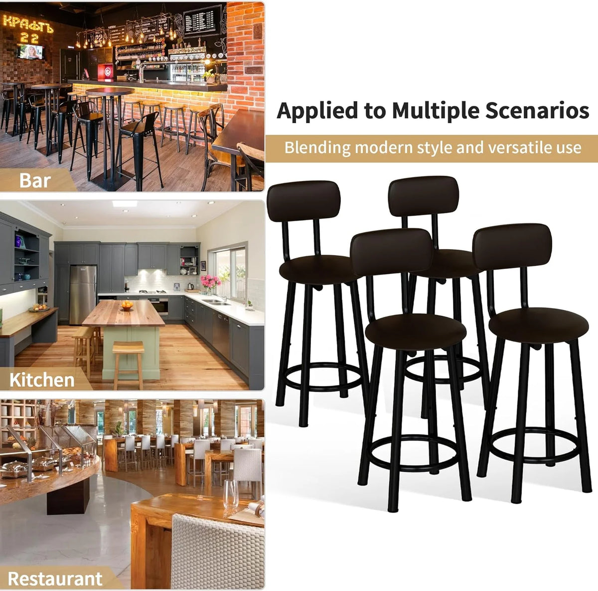 Bar Stools Set of 4, 35.4 inch PU Leather with Backrest, Rustic Brown D7012
