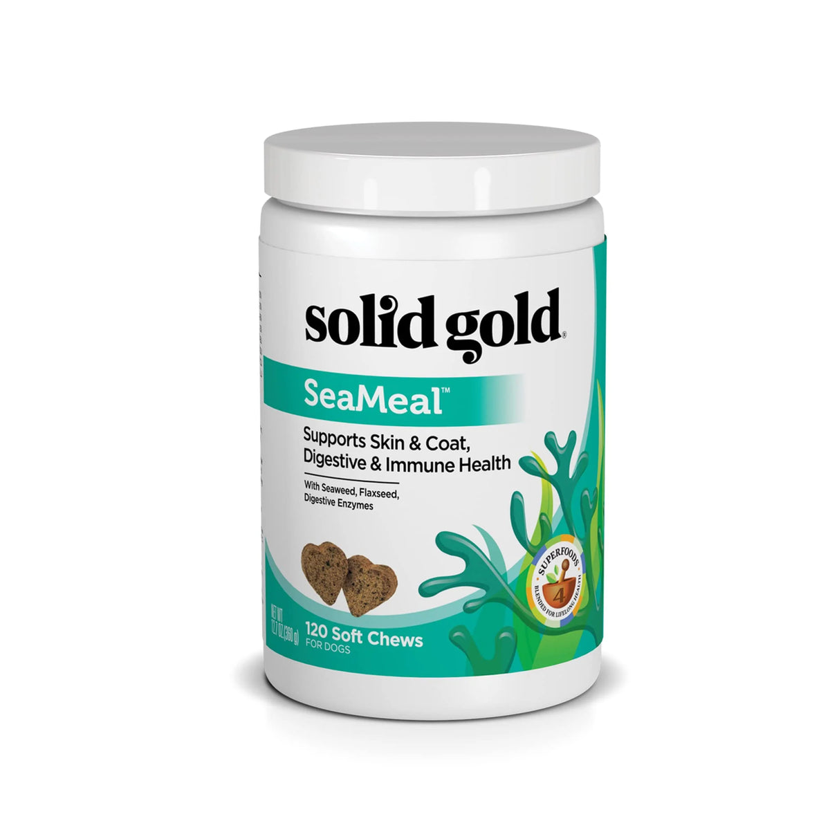 Solid Gold SeaMeal Multivitamin for Dogs - Grain Free Kelp Supplement - Digestive Enzymes for Dogs - Gut Health & Immune Support - Healthy Skin & Coat - Omega 3 & Superfood Soft Chews - 120 Count - Kansas Nuitrition - HNZSDS D737